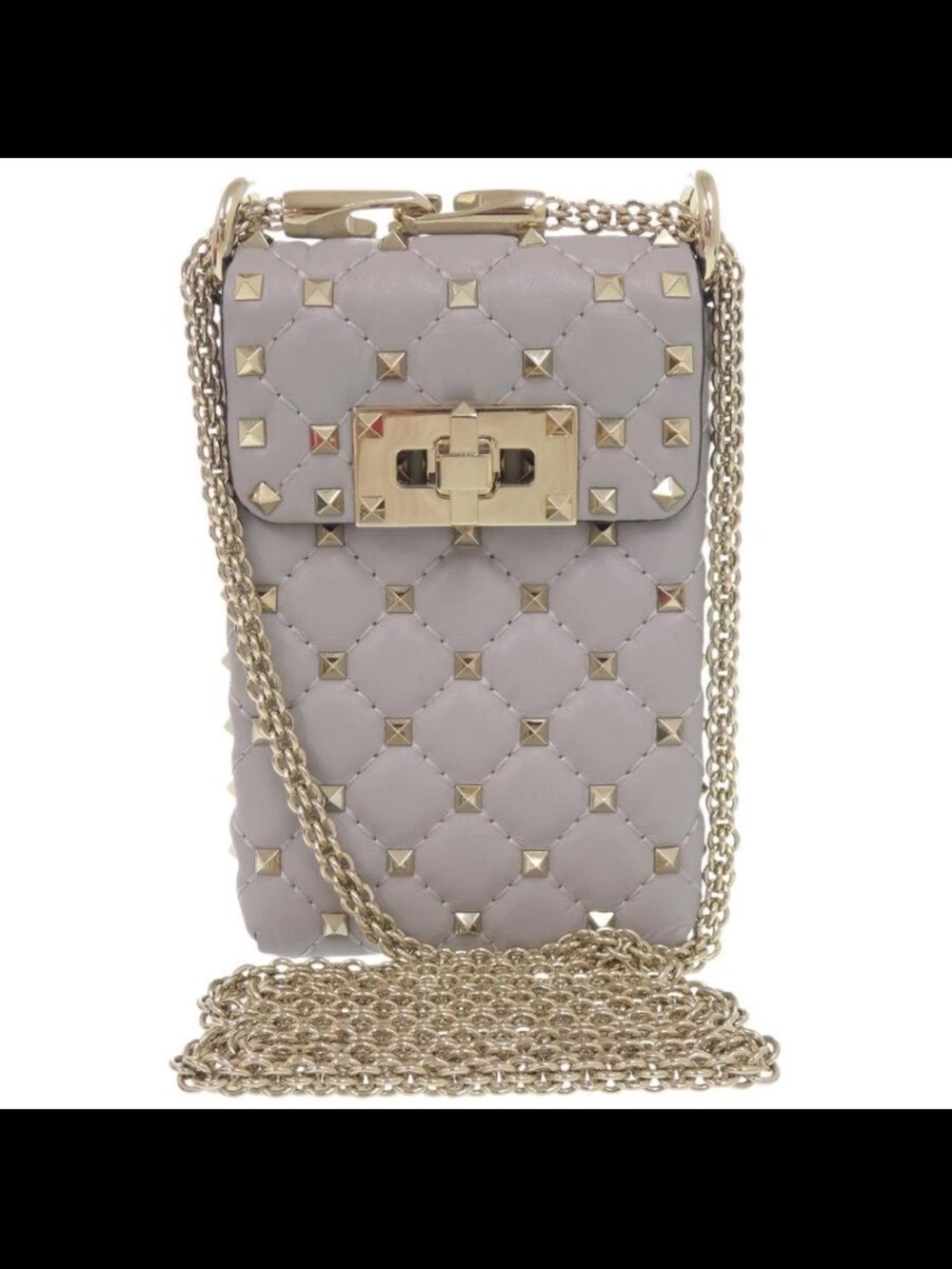 Valentino Garavani Quilted Studded Crossbody in Light Gray with Gold Hardware